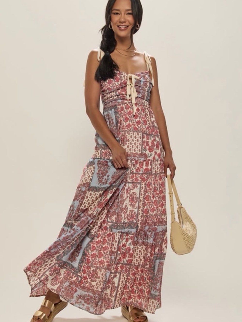 Francesca's Collections Patchwork Floral Maxi Dress in Red, Blue and Cream